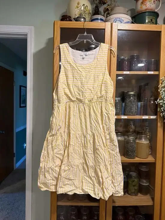 Kim Rogers Petite PXL Yellow and White Striped Sleeveless Tiered Cotton Dress - Picture 1 of 3